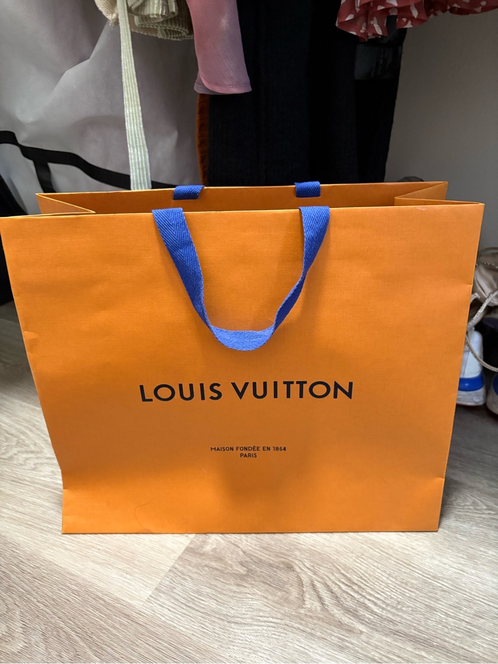 Louis Vuitton Orange Shopping Tote with Blue Handles